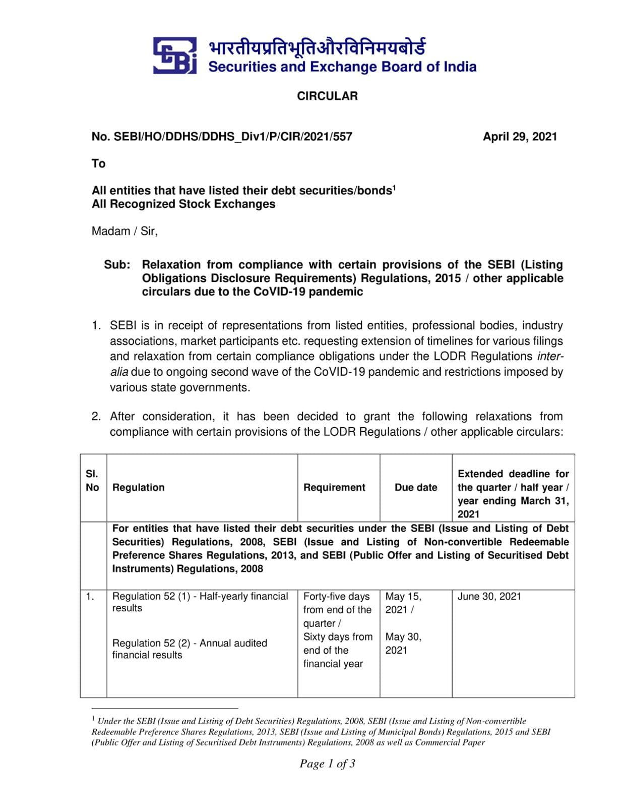 SEBI extends the timeline of submission of financial results for FY 2020-21 from 30th May, 2021 to 30th June, 2021 in view of the COVID Pandemic