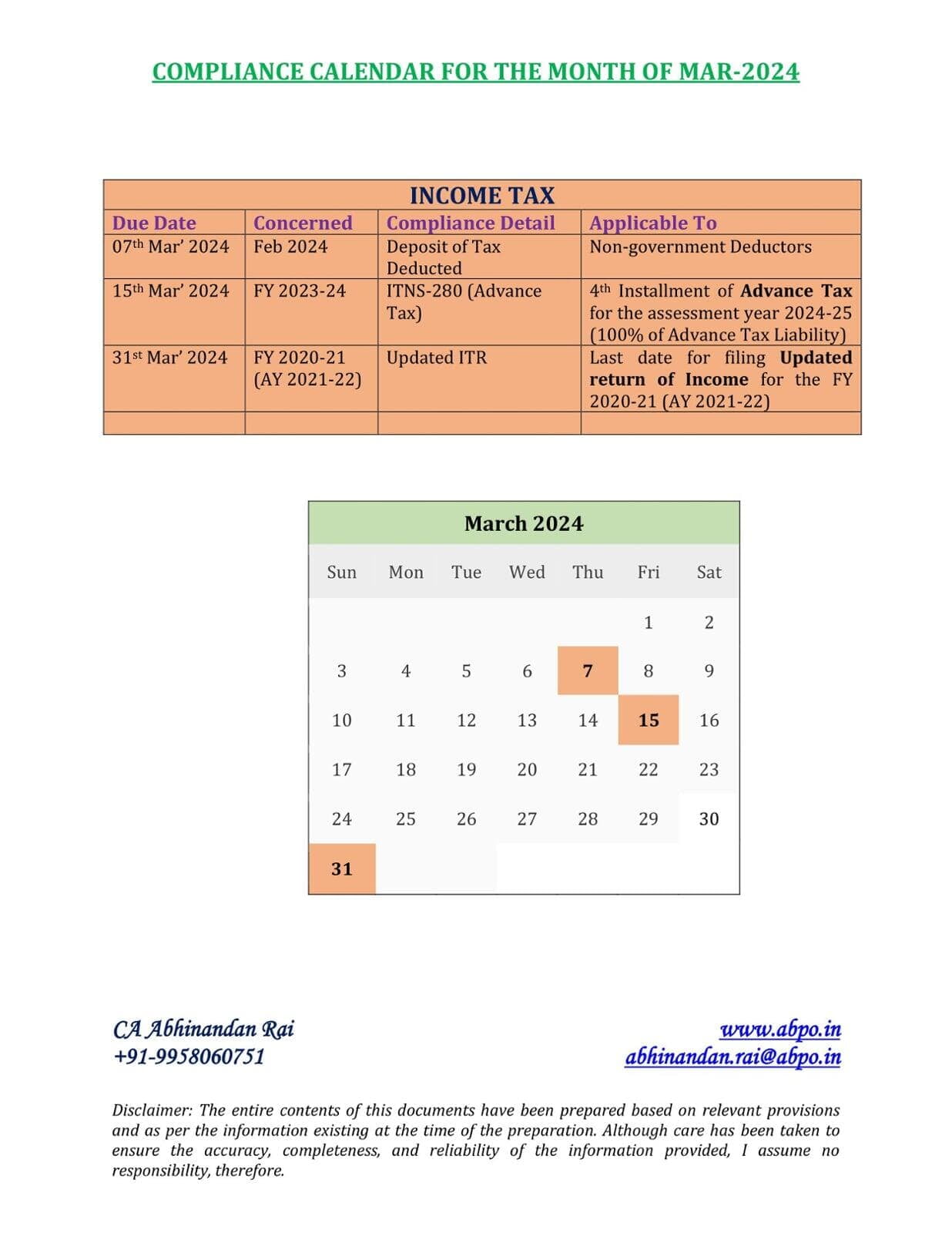 Due Date / Compliance Calendar for the Month of Mar' 2024 under GST, Income Tax Act and others