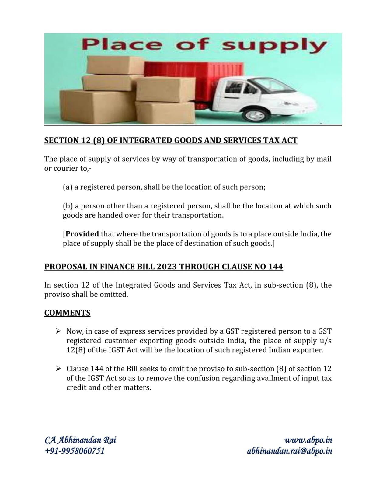 Proposal for change in place of supply of Services in case of Transportation of Goods outside India through Finance Bill 2023