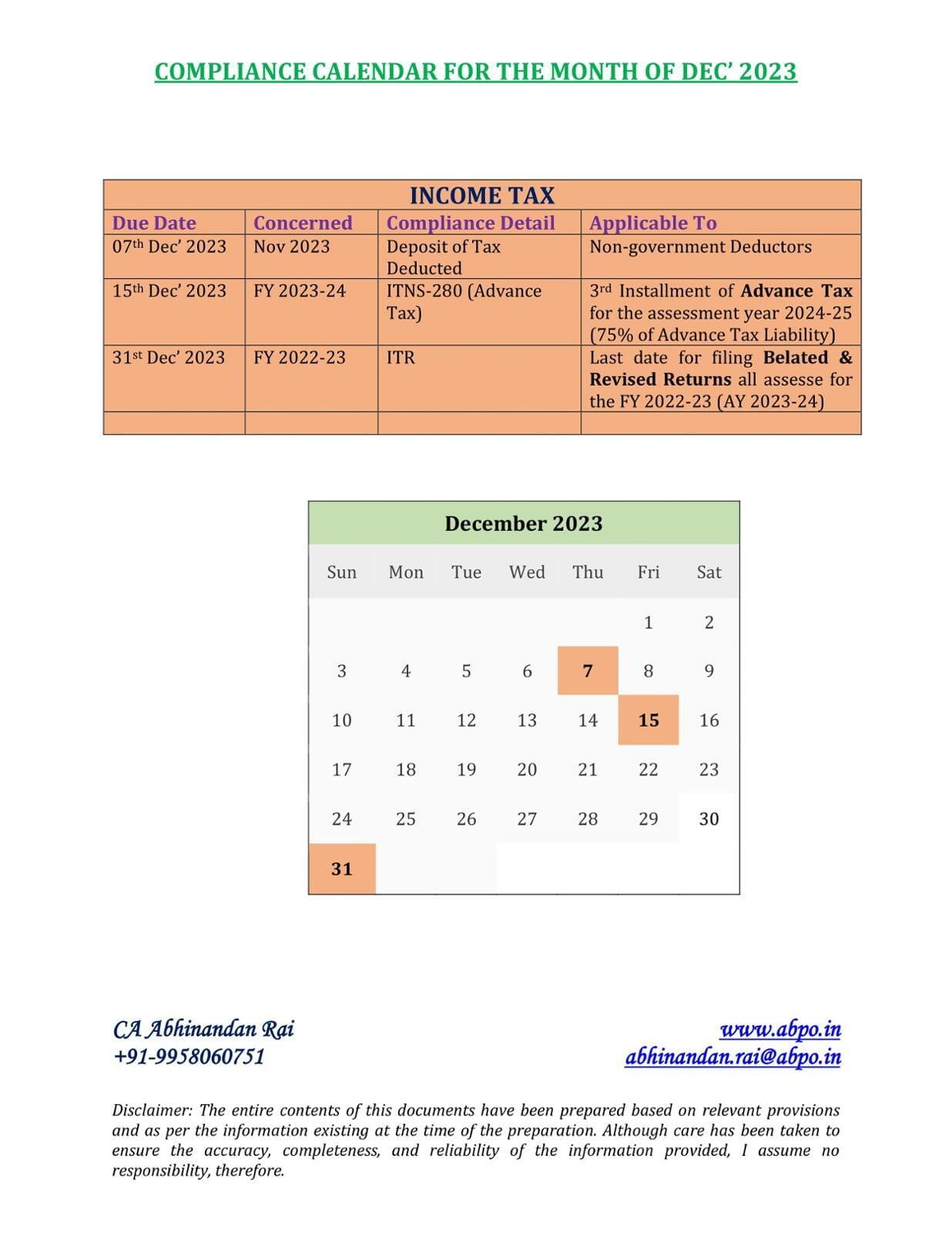Due Date / Compliance Calendar for the Month of Dec' 2023 under GST, Income Tax Act and others.....