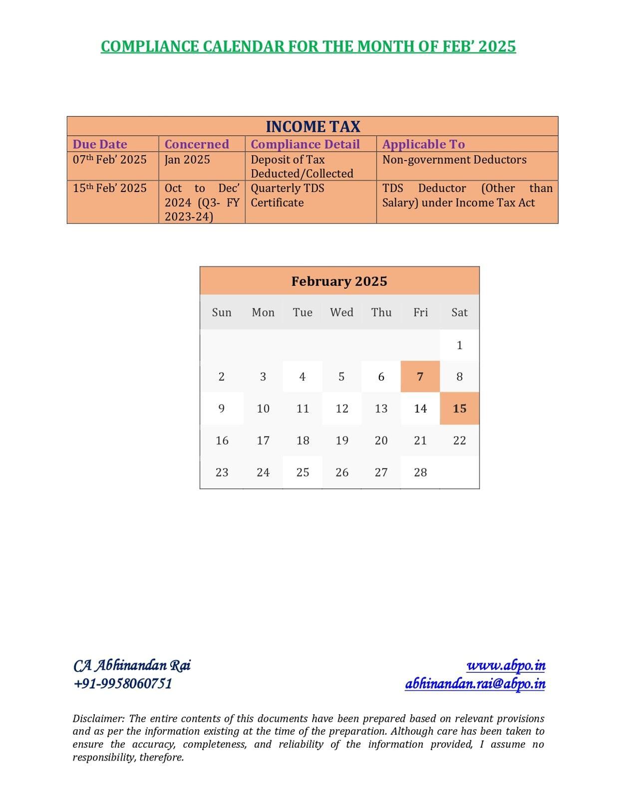 Due Date / Compliance Calendar for the Month of Feb' 2025 under GST, Income Tax Act and others