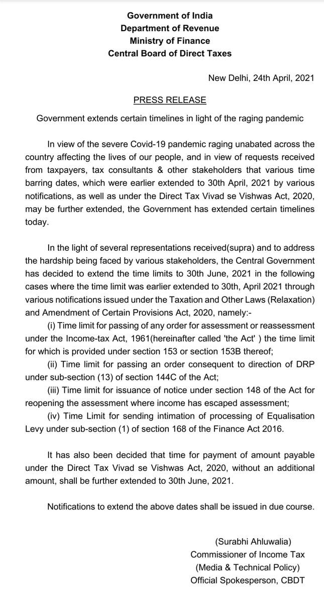 CBDT EXTENDEDS CERTAIN TIMELINES TILL JUNE 30' 2021 BY ISSUING PRESS RELEASE