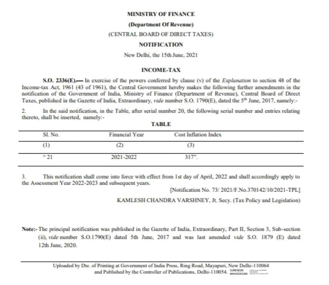 CBDT stated Cost Inflation Index (CII) for F.Y. 2021-22 i.e. 317  