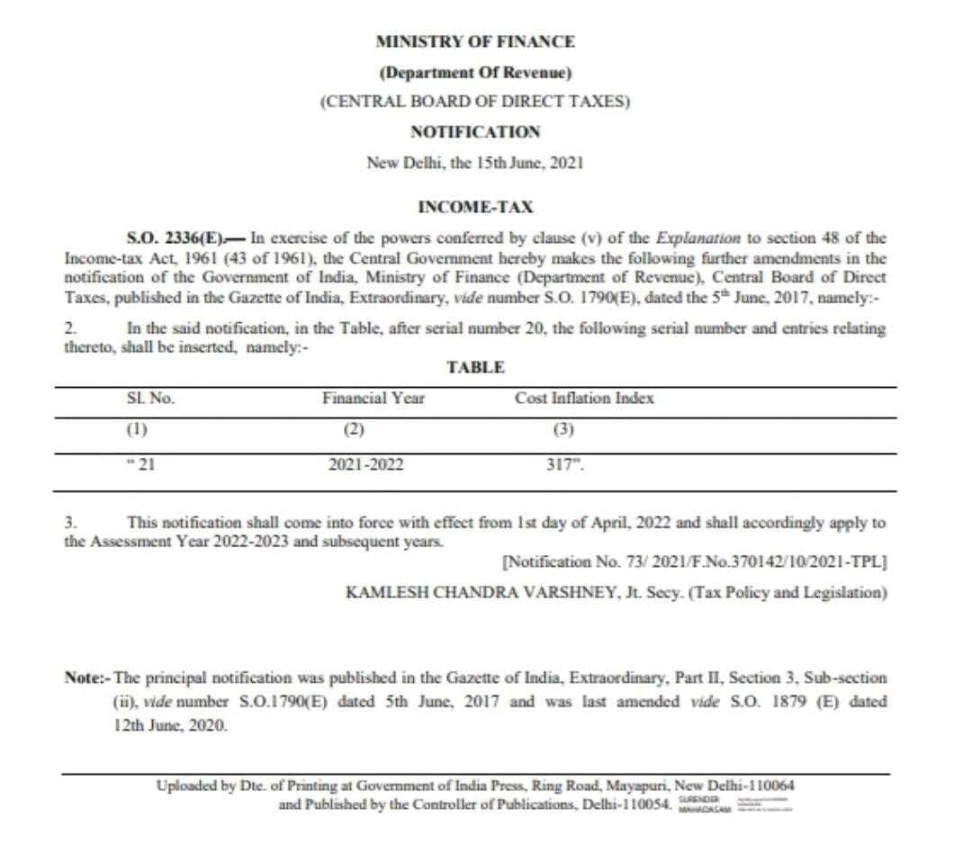 CBDT stated Cost Inflation Index (CII) for F.Y. 2021-22 i.e. 317  